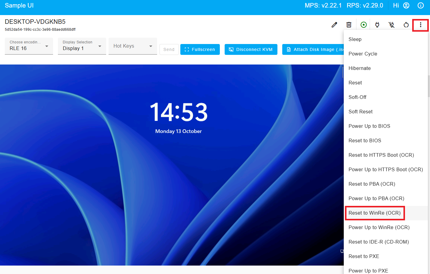Figure 13: Select Reset to WinRE (OCR)